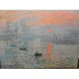 After Claude Monet, a facsimile print of a sunset at sea. H.77cm W.100cm