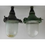 Two vintage 1960's Russian industrial ceiling pendants painted drab green and grey respectively with