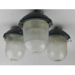 Three vintage 1960's Russian industrial ceiling lights painted grey with ribbed shades, (3).