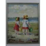 20th century Continental, Young Girls on a Beach, oil on board, signed Rosa lower right, 20 x 19cm.