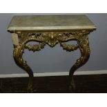 An 18th century style carved giltwood console table, having marble top and cabriole legs. H.92cm W.