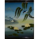 20th century Chinese school, study of flora and fauna, watercolour on glass. H.55cm W.40cm