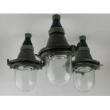 Three vintage 1960's Russian Industrial ceiling lights, painted drab grey with clear glass