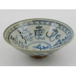 A Chinese blue and white bowl, decorated with Chinese scripts.