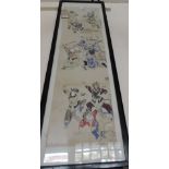 A pair of 19th century Chinese scroll decpiting combat scenes, ebonised framed,