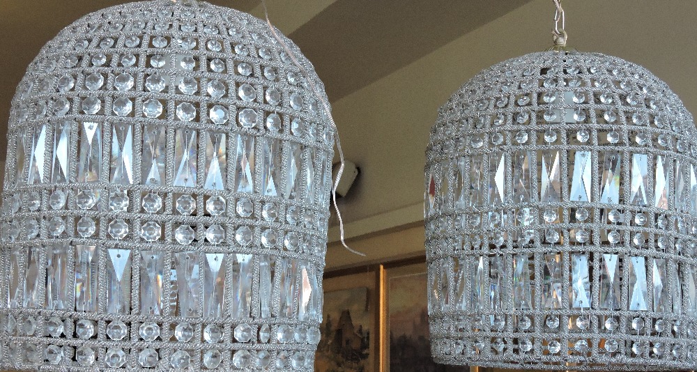 A pair of Louis XIV design gilt metal and crystal bag shaped ceiling lights,