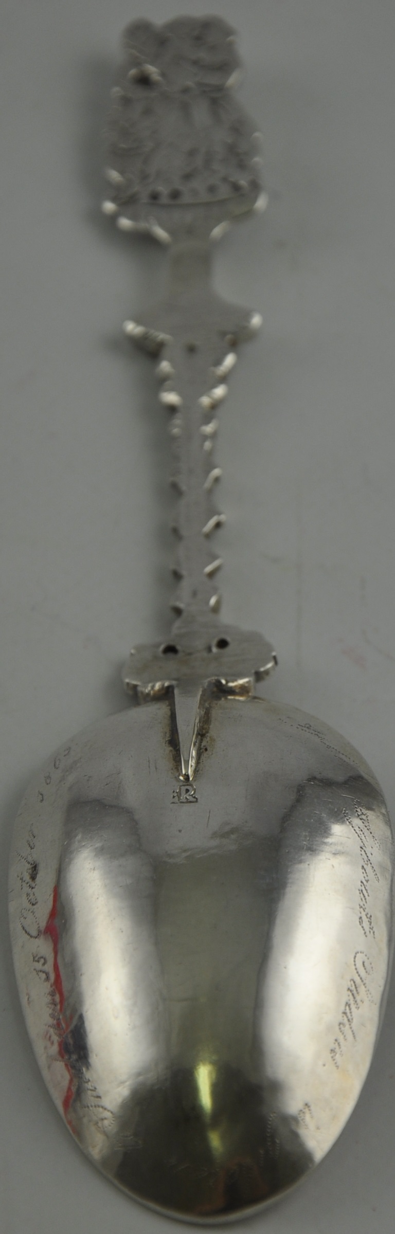 An 18th Century Dutch silver Christening spoon with rat tail bowl and cast handle with family - Image 2 of 4