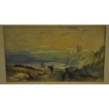 A framed watercolour of a fisherman by the coast,