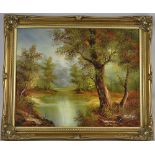 Oil on board, lake in woodland, signed Phillips. 39.5 x 49.