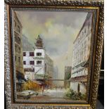 Oil on canvas, Tokyo Street War, indistinctly signed lower right, in ornate gilt frame,