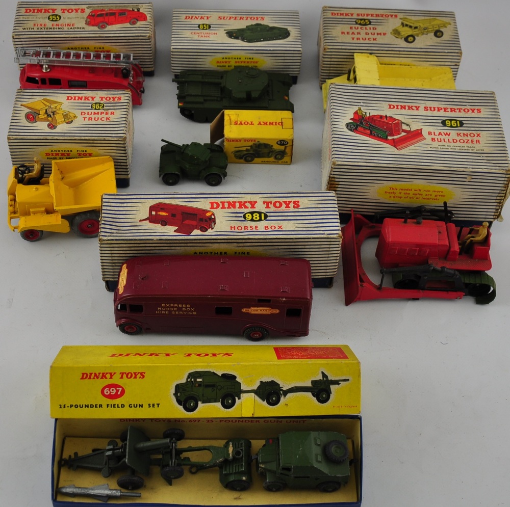 Eight boxed Dinky Toys die cast vehicles comprising 961 Blaw Knox Bulldozer,