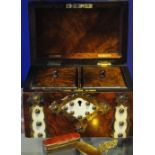 A late Victorian brass mounted bur walnut domed topped tea caddy together with an agate mounted