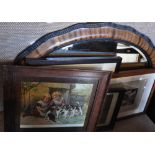 Four assorted framed Victorian prints together with an early 20th century oval wall mirror