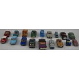 A collection of 18 unboxed die cast vehicles including a corgi BMC Mini Cooper S Sun Rally,