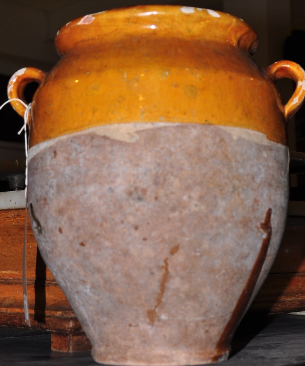 A glazed earthenware twin-handled compote jar. H.