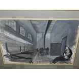 John Bryan (British, 1911-1969), mournful figures in a dark room, watercolour, signed lower right.