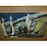 John Bryan (British, 1911-1969), figures walking on veranda, acrylic on paper, signed lower right.