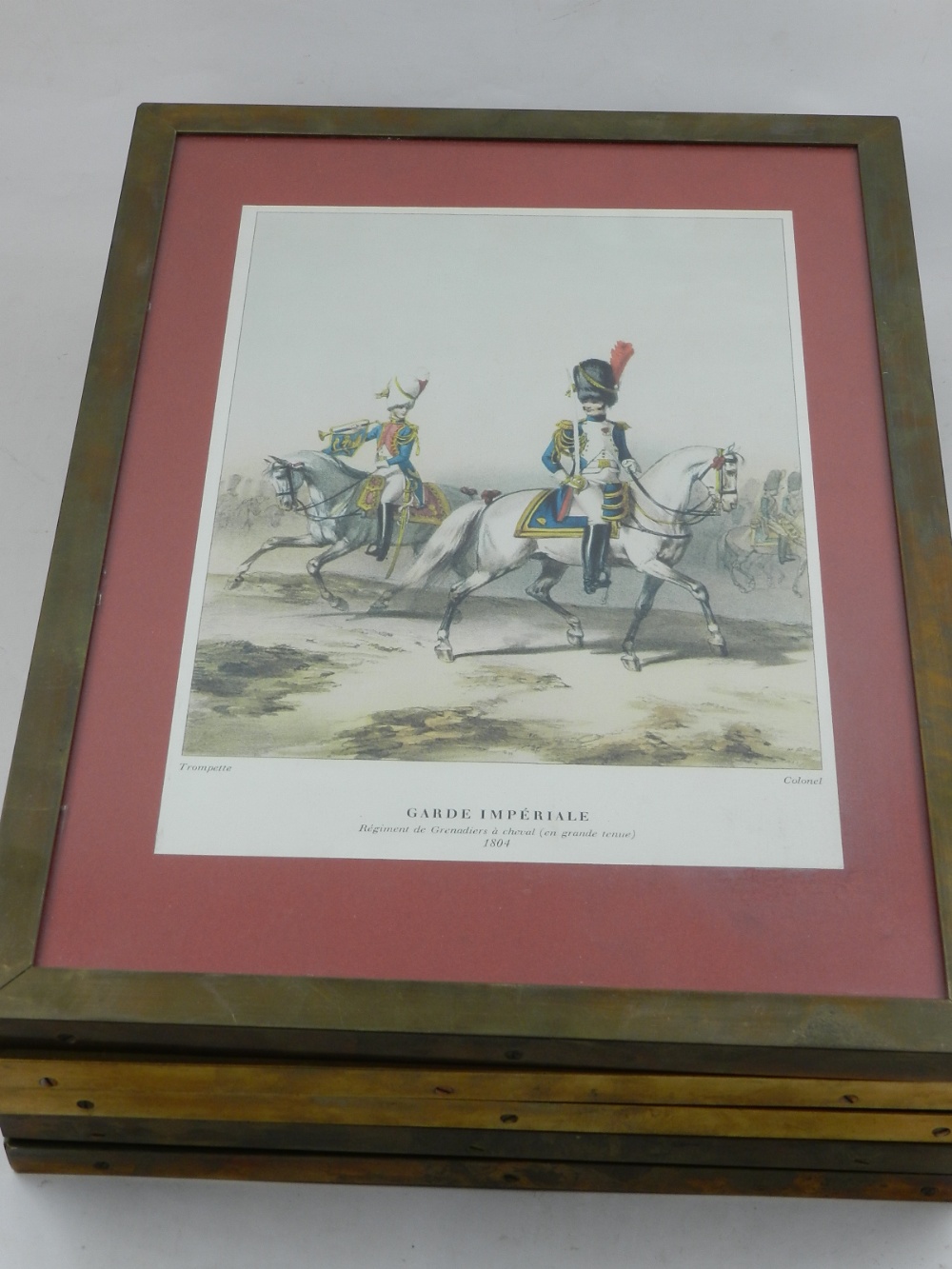 Five reproduction French 19th century prints, showing military figures and emplacements, 31 x 20cm,