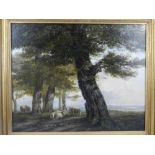 19th century English School, Sheep beneath Trees, oil on canvas, oil on mahogany panel, 38 x 47cm.