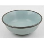 A Chinese celadon crackle glazed bowl, with pewter rim. D.13.