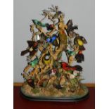 A Victorian taxidermy study of an arrangement of various songbirds perched within branches,