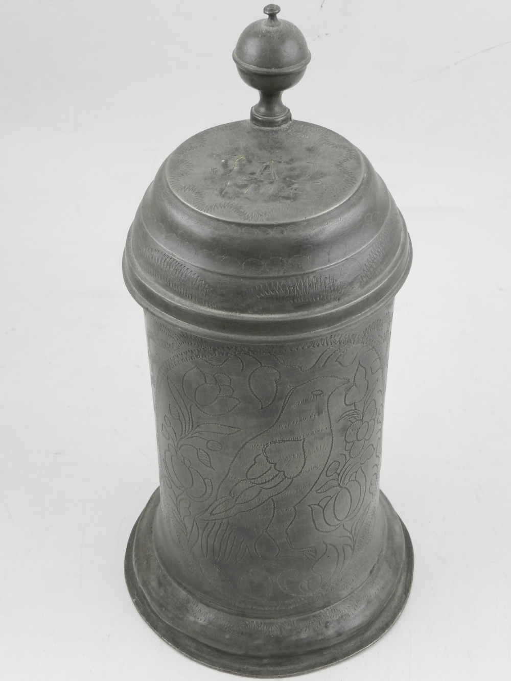 A late 18th century continental pewter lidded vessel, of cylindrical form with a flared base, - Image 2 of 2