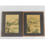 A pair of mid 20th century Chinese watercolours on silk, classical scenes of pagodas and mountainous