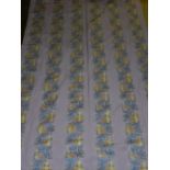 A bolt of silk fabric, with seven panels of blue, yellow and gold foliate pattern on a lilac ground,