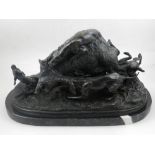 After P J Mene, Hunting Dogs Attacking a Boar, bronze, on an oval marble base, W. 52cm.