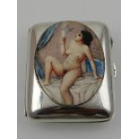 A silver card case, hallmarked Birmingham, set with later enamel plaque depicting a nude female.