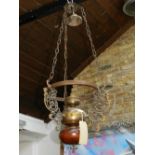 A Dutch style brass and turned wood hanging ceiling light, D. 33cm