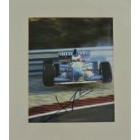 A signed framed coloured photograph of Jean Alesi testing for the 1996 season with accompanying