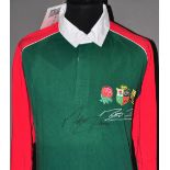 A Martin Johnson testimonial year signed Leicester Tigers rugby shirt with embroidered British