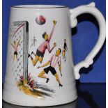 An unusual Crown Staffordshire porcelain tankard printed with football scenes, c.1970, h.