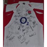 A framed 2005 signed England rugby shirt including Martin Johnson,