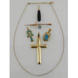 An 18 carat yellow gold and onyx drop pendant, together with a yellow metal cross pendant, an