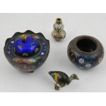 Two Chinese cloisonne three-footed bowls, together with a miniature double gourd cloisonne vase,