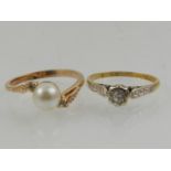 An 18 carat yellow gold and diamond solitaire ring, together with a yellow metal and faux pearl