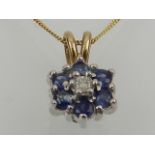 A 9 carat yellow gold and sapphire floral cluster pendant, on a yellow gold chain.