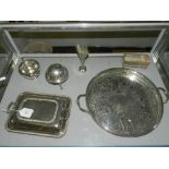 A collection of silver plated items, to include teapot, cake stand, trays etc.