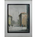 20th century Continental school, Figures in a Street Scene, oil on canvas, unsigned. H.41cm W.31cm