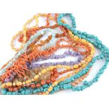 Eight beaded necklaces to include turquoise, coral and amber,