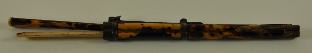 A 19th Century Japanese tortoiseshell cased knife and bone chopstick set with engraved brass mount - Image 2 of 2