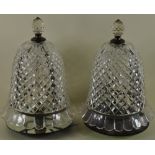A pair of hobnail cut glass bell shaped lights on circular mirrored bases