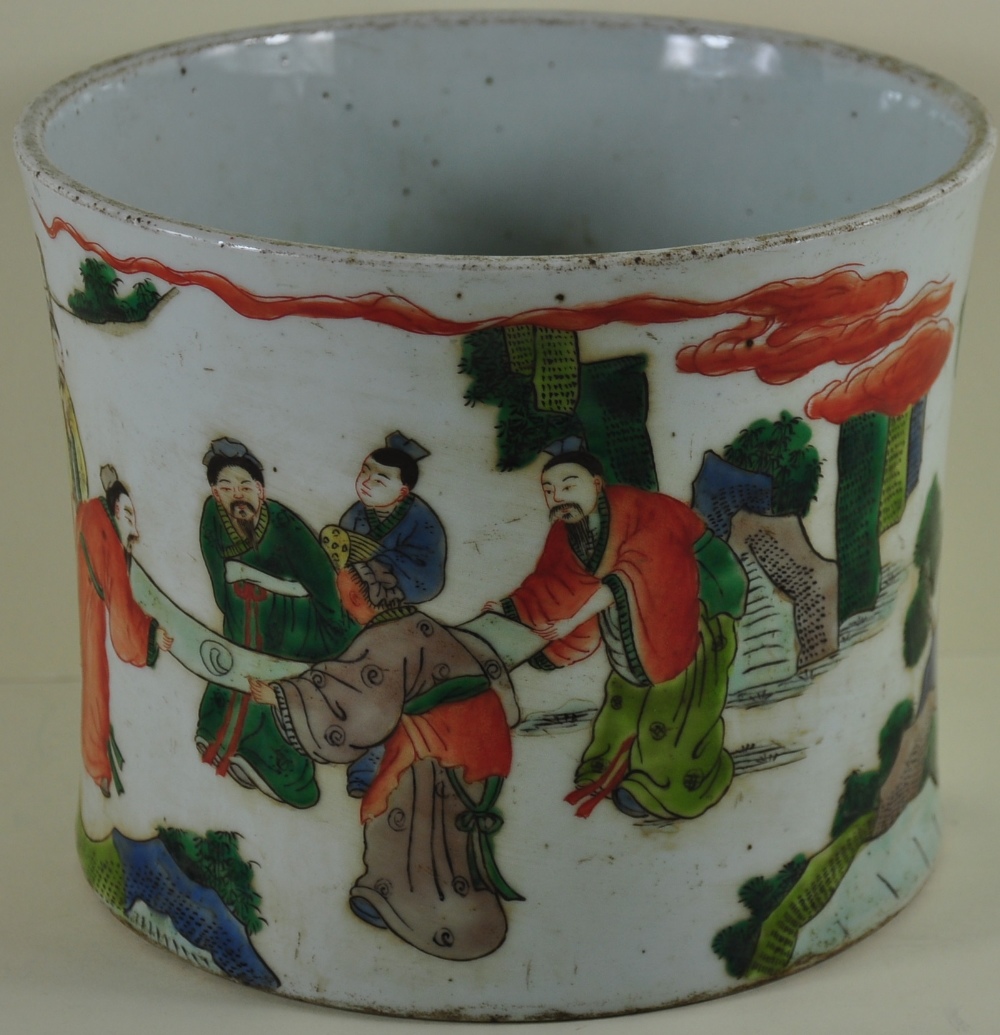 A large Chinese famille rose brush pot decorated with a figural scene,