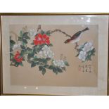 A pair of Chinese silk paintings, together with another similar, of finches amongst cherry blosson,