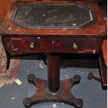 A mahogany sewing table, the top with leather insert for sewing machine, single drawer,