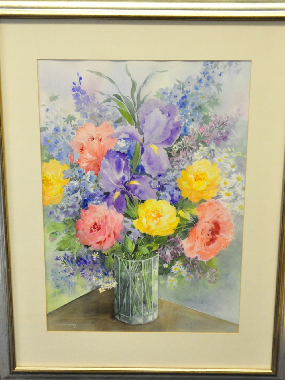 M K Brunning, Still Life with Flowers in a Vase, watercolour, signed lower left, 55 x 38cm,