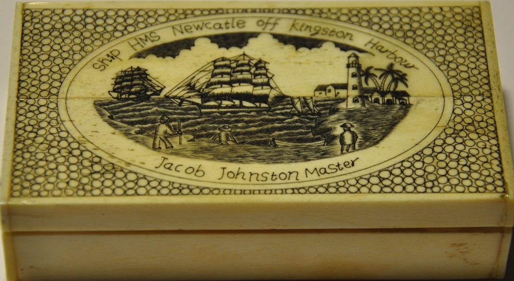 A Scrimshaw style rectangular bone snuff box engraved with the HMS Newcastle