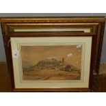 Two watercolours of Grecian scenes, together with an oil painting depicting ships at sea,